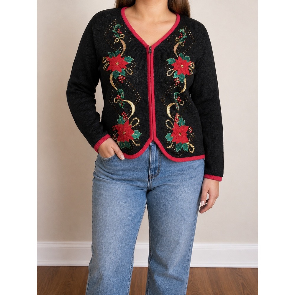 VTG Tiara International Christmas Sweater Women Large Bead Poinsettia Cardigan